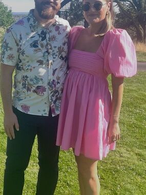 Abercrombie & Fitch Pink Puff-Sleeve Smocked Bodice Dress